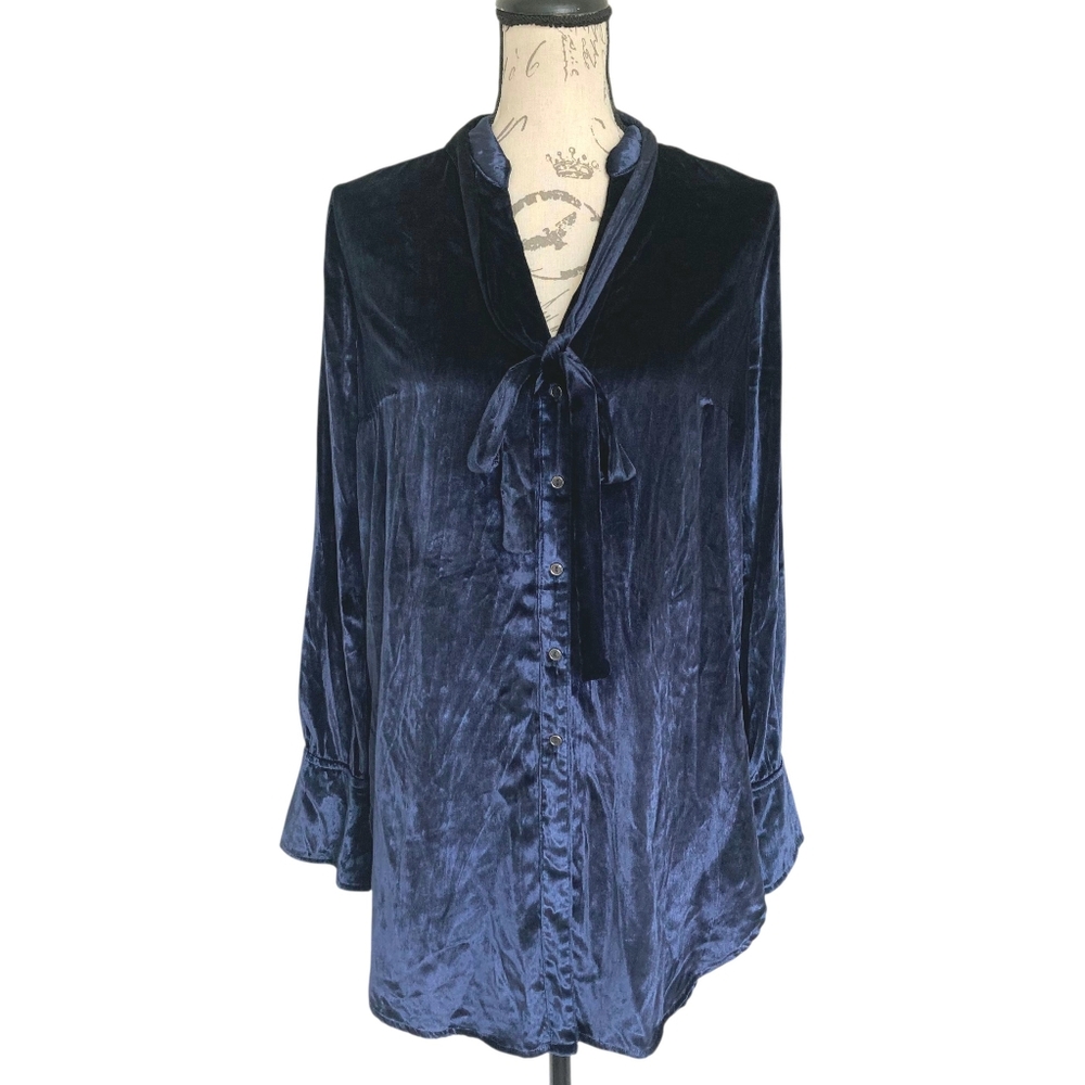 Anthropologie Maeve Velvet blouse top 2‎ Button Tie Neck Whimsigoth navy tunic